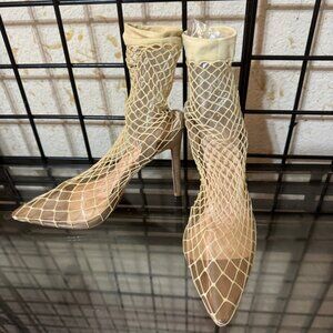 NEW NWOT Fashion Nova TAN netting wrap around clear Shoes CUTE 4.5 in heel Sz: 7